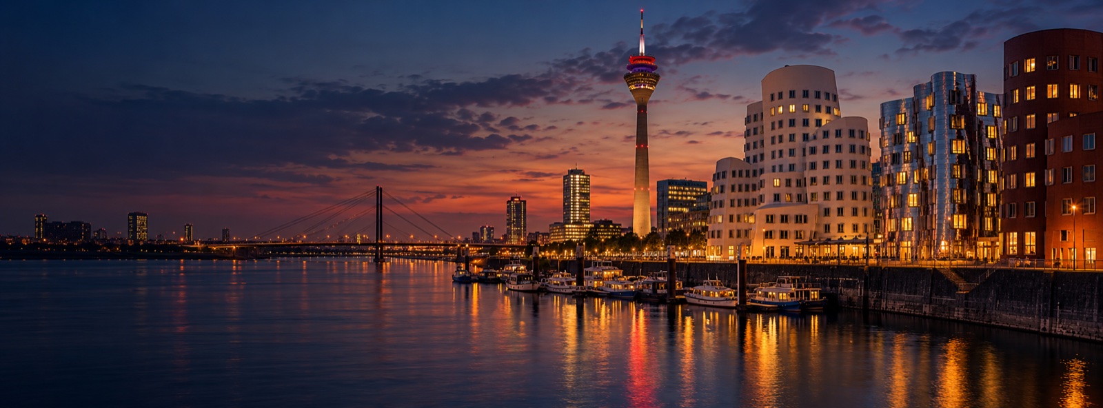 Stadtmotiv aus Düsseldorf bei Abenddämmerung