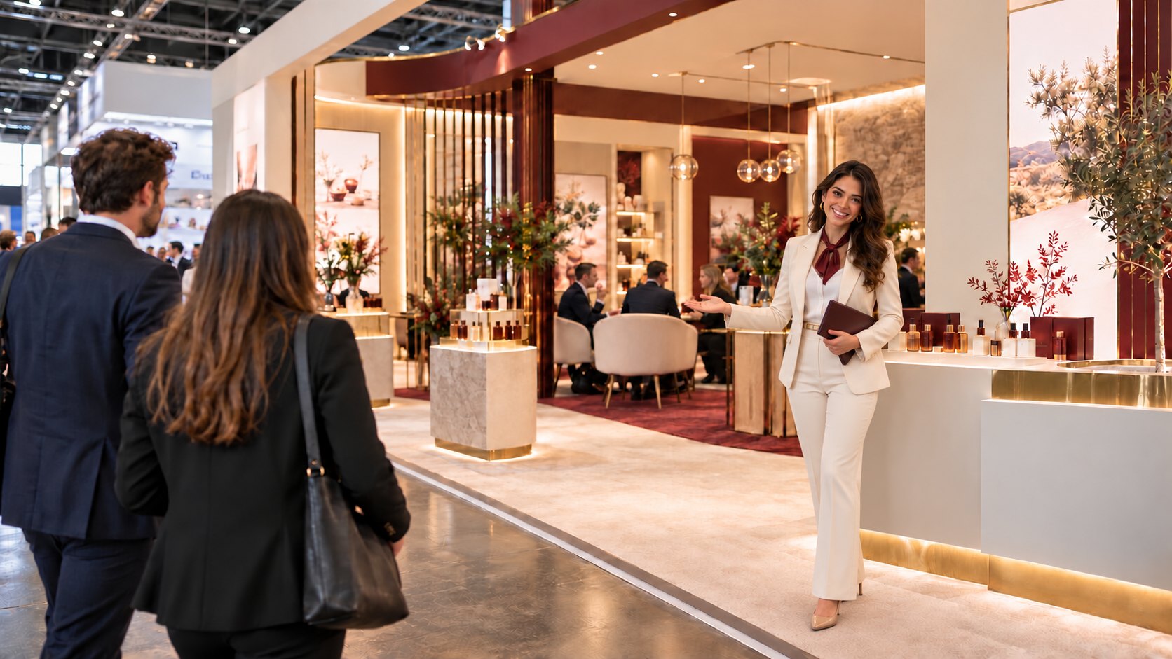 Eleganter Messestand mit einer Hostess, die Besucher freundlich empfängt
